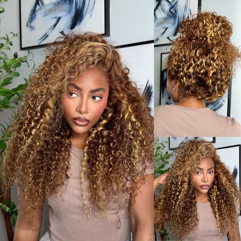 Honey Blonde Highlight Water Wave Pull & Go 13x6 Lace Frontal Tiny Knots Glueless Wig Deep Curly Human Hair
