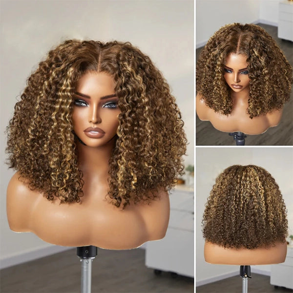 Honey Blonde Short Kinky Curly Wear Go Glueless Wigs Human Hair Highlight Bob Wig 180 Density Ombre Pre Cut Transparent Lace Wigs