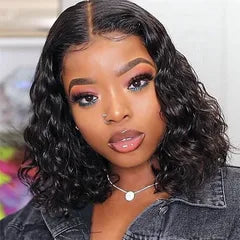 Deep Wave Short Bob Wig Curly Lace Front Wig Glueless 13x4 Human Hair Wear Go Wigs Natural Black