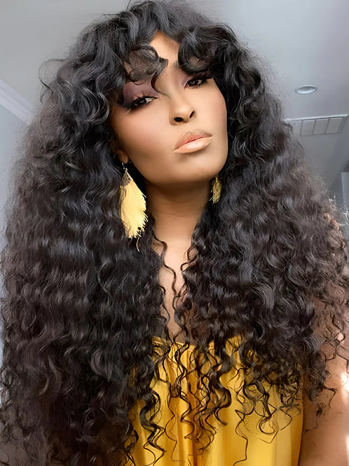 Curly Wave Wig With Bangs Natural Color Human Hair Glueless Wigs Low-Maintenance Wear Go