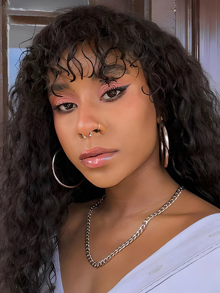 Curly Wave Wig With Bangs Natural Color Human Hair Glueless Wigs Low-Maintenance Wear Go