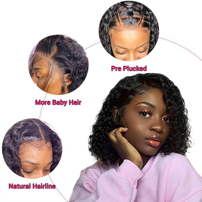 Short Bob Glueless Loose Deep Wave 13*4 HD Lace Frontal Wigs 180% Density Curly Human Hair