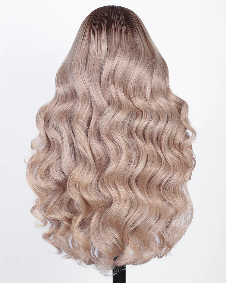 13x6 Three-Go™ Ash Blonde Ombre Glueless Wigs Silky Straight Loose Body Wave With Drawstring Pre Plucked 100% Human Hair Wig