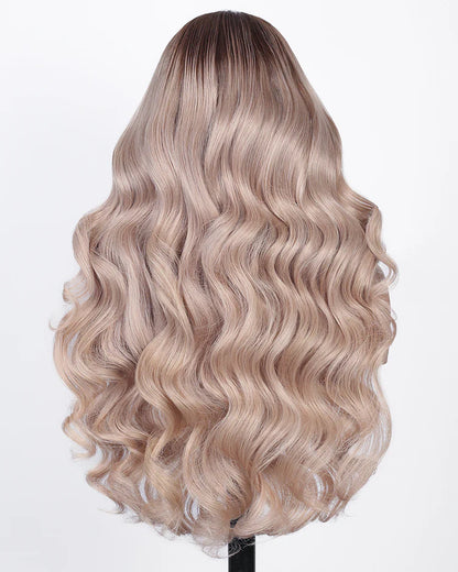 13x6 Three-Go™ Ash Blonde Ombre Glueless Wigs Silky Straight Loose Body Wave With Drawstring Pre Plucked 100% Human Hair Wig