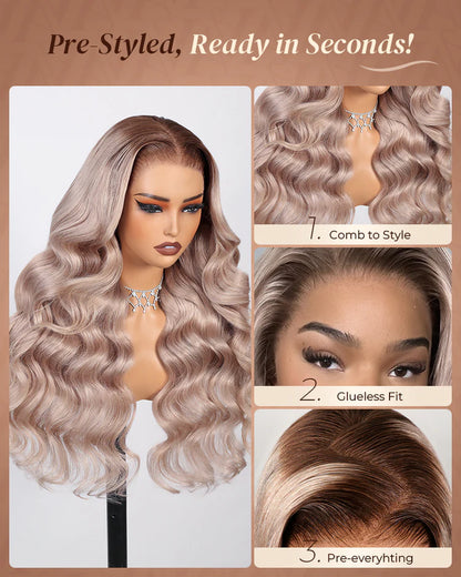 13x6 Three-Go™ Ash Blonde Ombre Glueless Wigs Silky Straight Loose Body Wave With Drawstring Pre Plucked 100% Human Hair Wig