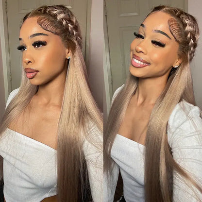 13x6 Three-Go™ Ash Blonde Ombre Glueless Wigs Silky Straight Loose Body Wave With Drawstring Pre Plucked 100% Human Hair Wig