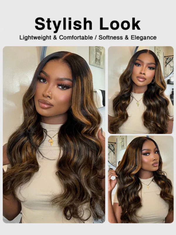 Balayage Highlight Glueless Body Wave 7x5 / 13x4 Lace Front Human Hair Wigs with Invisi Drawstring Put On and Go