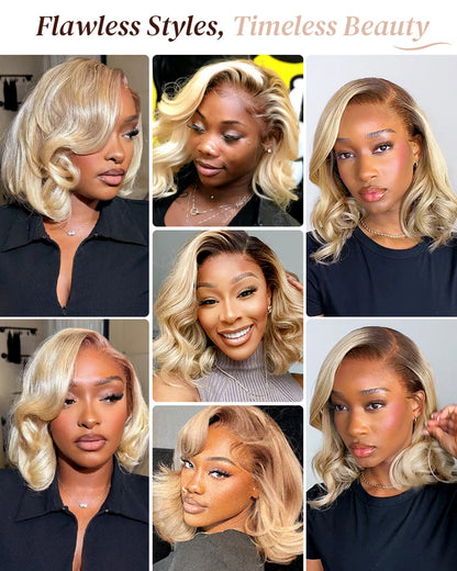 13x4 Lace Front Wigs Human Hair invisible knots Glueless Loose Body Wave Bob Wig Pre-cut Lace Brown Blonde Ombre Beginner Friendly