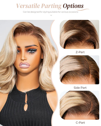 13x4 Lace Front Wigs Human Hair invisible knots Glueless Loose Body Wave Bob Wig Pre-cut Lace Brown Blonde Ombre Beginner Friendly