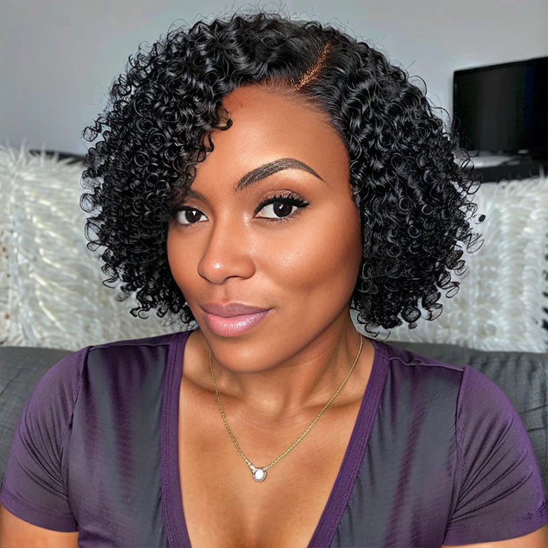 Trendy Short Cut Curly Minimalist Pre-Cut HD Lace Glueless Side Part Frontal Bob Wig  Human Hair 150% Density
