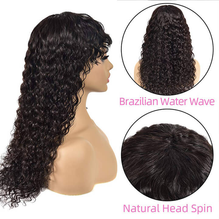 Curly Wave Wig With Bangs Natural Color Human Hair Glueless Wigs Low-Maintenance Wear Go