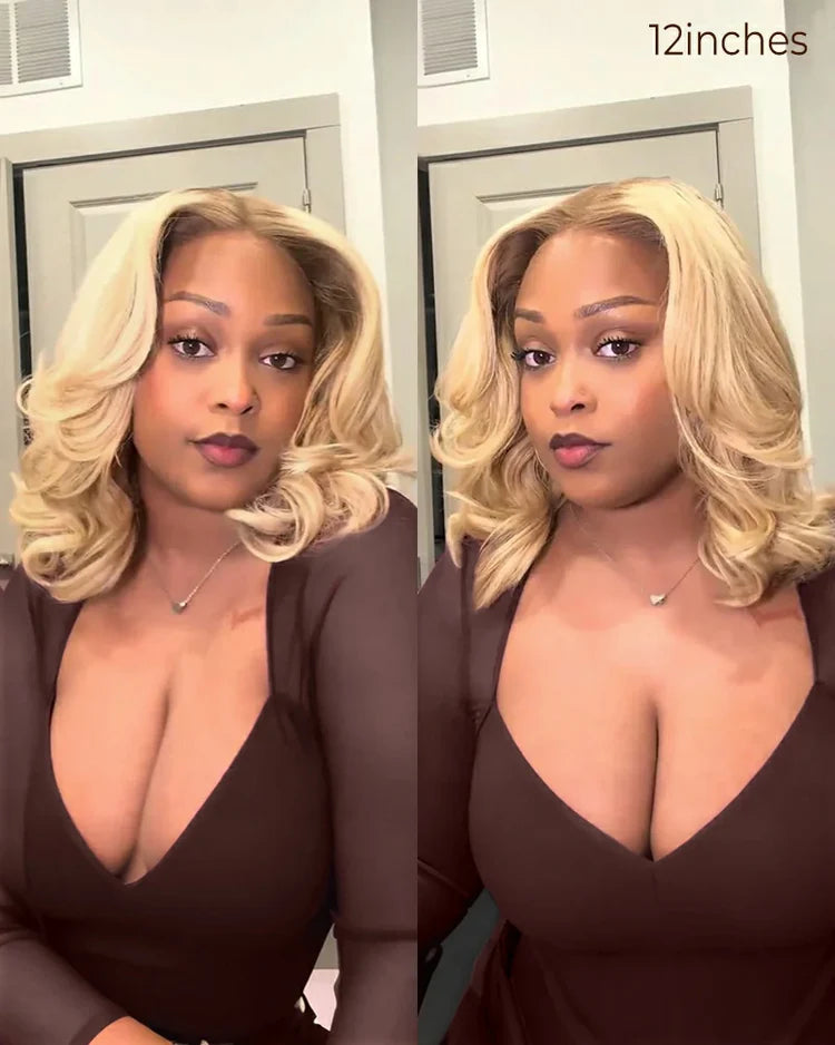 13x4 Lace Front Wigs Human Hair invisible knots Glueless Loose Body Wave Bob Wig Pre-cut Lace Brown Blonde Ombre Beginner Friendly