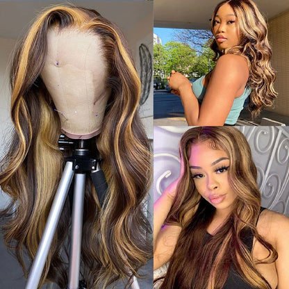 Blonde Highlighted Wig Body Wave Glueless Human Hair Wigs 13x4 HD Lace Front Wigs 180% Density with Pre Plucked