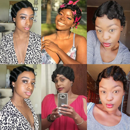 Modern Show Short Mommy Curly Hair Wig Finger Wave Human Hair Wear Go Wigs Guleless Remi Pixie Cut Wig Pre Plucked 150% Density On Sale