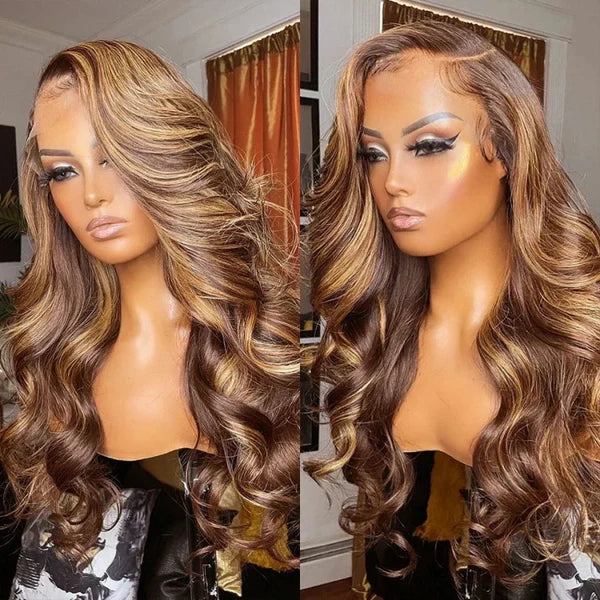 Blonde Highlighted Wig Body Wave Glueless Human Hair Wigs 13x4 HD Lace Front Wigs 180% Density with Pre Plucked