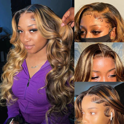 Blonde Highlighted Wig Body Wave Glueless Human Hair Wigs 13x4 HD Lace Front Wigs 180% Density with Pre Plucked