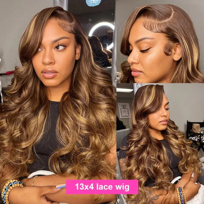 Blonde Highlighted Wig Body Wave Glueless Human Hair Wigs 13x4 HD Lace Front Wigs 180% Density with Pre Plucked