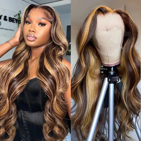 Blonde Highlighted Wig Body Wave Glueless Human Hair Wigs 13x4 HD Lace Front Wigs 180% Density with Pre Plucked