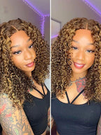 Honey Blonde Short Kinky Curly Wear Go Glueless Wigs Human Hair Highlight Bob Wig 180 Density Ombre Pre Cut Transparent Lace Wigs
