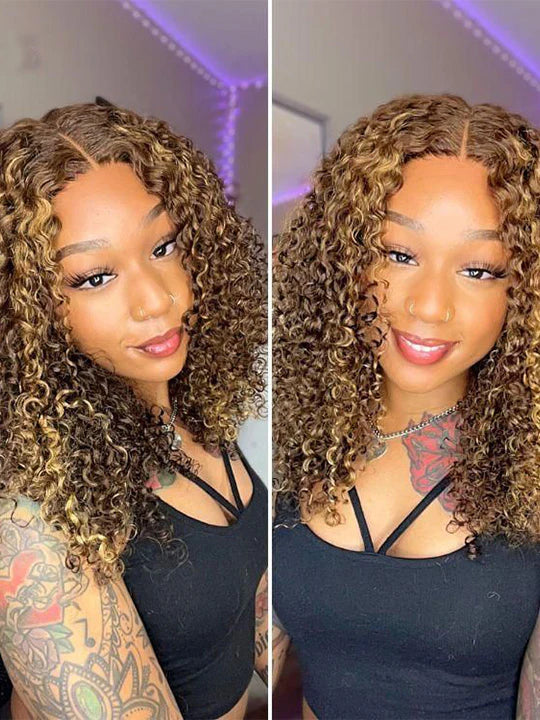 Honey Blonde Short Kinky Curly Wear Go Glueless Wigs Human Hair Highlight Bob Wig 180 Density Ombre Pre Cut Transparent Lace Wigs