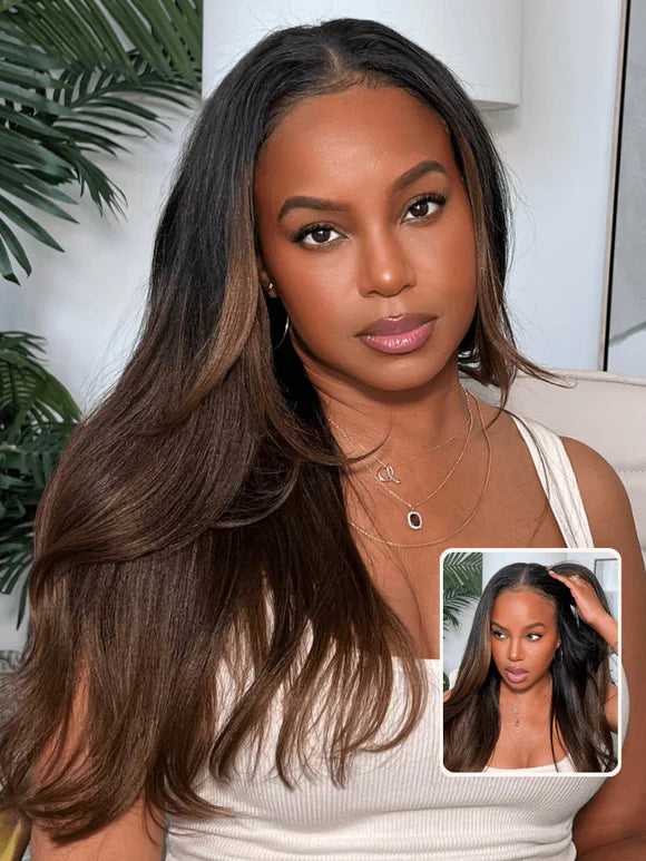 Pre Everything 7x5 Glueless Lace Chestnut Brown Ombre Yaki Straight Put On and Go Wig With Bleached Knots 150% Density
