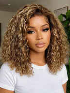 7x5 Pre Cut Honey Blonde Highlights Sun-kissed Hair Shoulder-length Glueless Curly Bob Wig Put On and Go 180% Density
