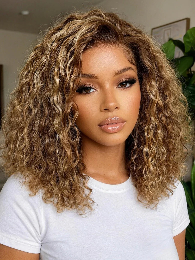 7x5 Pre Cut Honey Blonde Highlights Sun-kissed Hair Shoulder-length Glueless Curly Bob Wig Put On and Go 180% Density