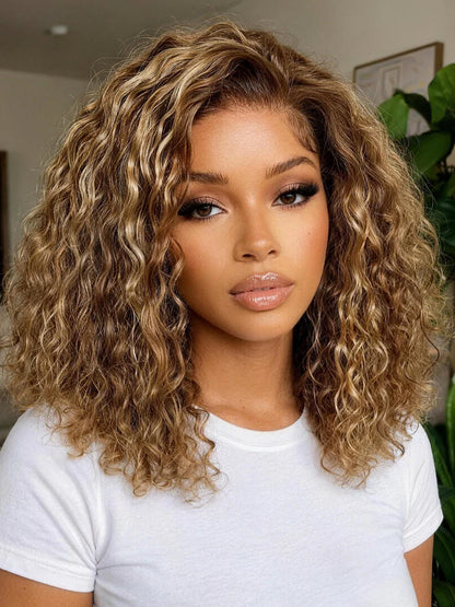 7x5 Pre Cut Honey Blonde Highlights Sun-kissed Hair Shoulder-length Glueless Curly Bob Wig Put On and Go 180% Density