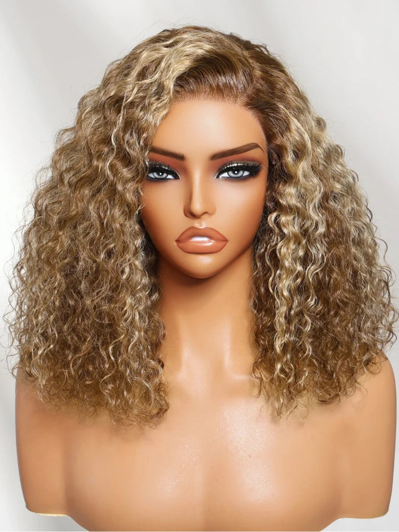 Honey Blonde Highlights Sun-kissed Hair 7x5 Pre Cut Shoulder-length Glueless Curly Bob Wig Put On and Go 180% Density