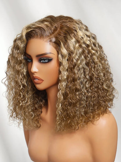 Honey Blonde Highlights Sun-kissed Hair 7x5 Pre Cut Shoulder-length Glueless Curly Bob Wig Put On and Go 180% Density