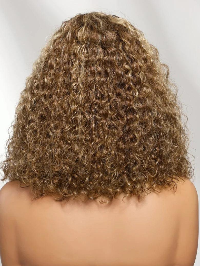 Honey Blonde Highlights Sun-kissed Hair 7x5 Pre Cut Shoulder-length Glueless Curly Bob Wig Put On and Go 180% Density