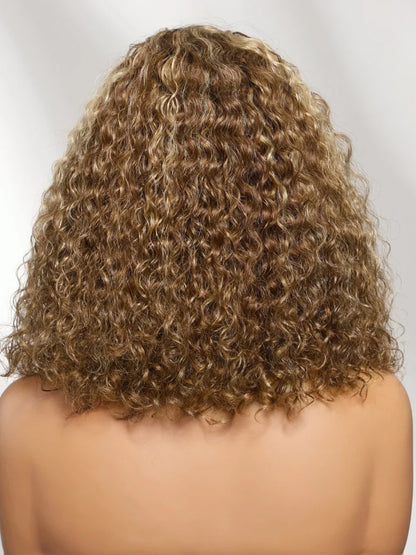 Honey Blonde Highlights Sun-kissed Hair 7x5 Pre Cut Shoulder-length Glueless Curly Bob Wig Put On and Go 180% Density