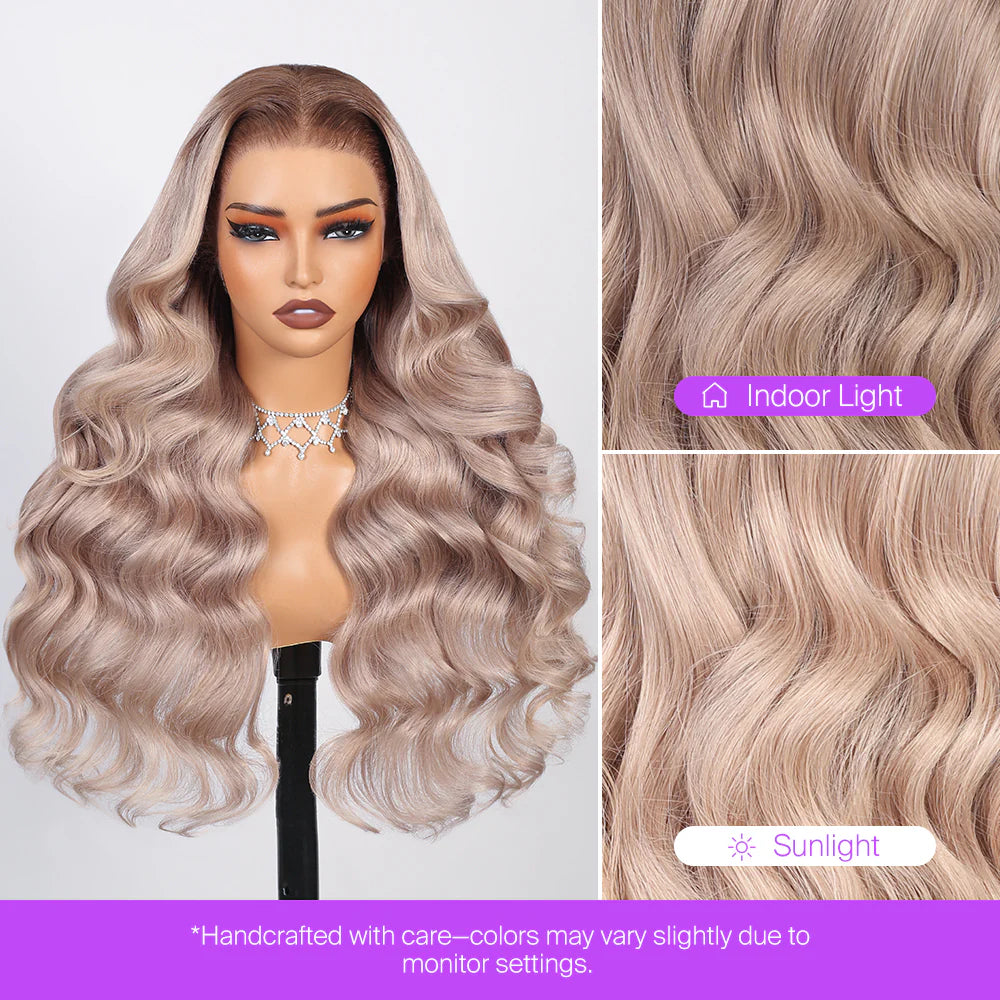 13x6 Three-Go™ Ash Blonde Ombre Glueless Wigs Silky Straight Loose Body Wave With Drawstring Pre Plucked 100% Human Hair Wig