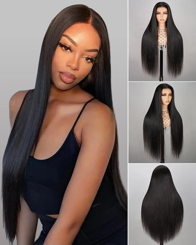 Yaki Straight 13x4/6x5 Glueless Lace Wig Pre-cut Lace Put On and Go Natural Black Beginner Friendly 150% Density