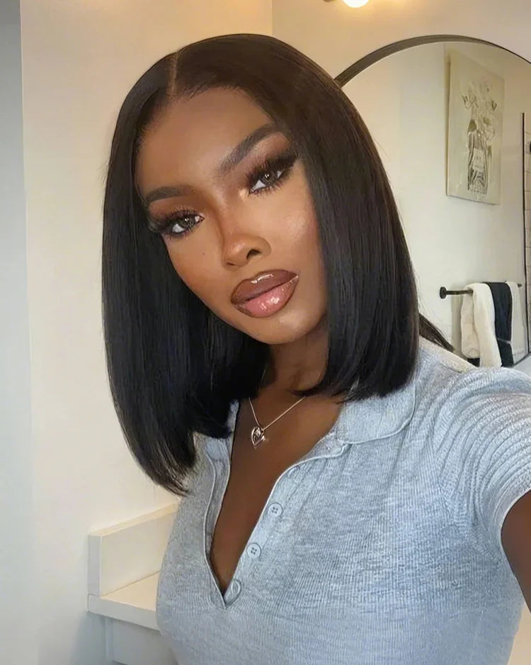 7x5 Glueless Lace Natural Black Yaki Straight Hair Pre Layered Short Bob Bleached Knots Drawstring Wig Beginner Friendly
