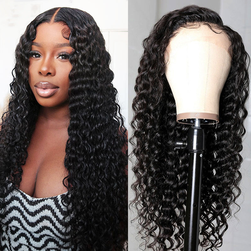 360 Full Lace Glueless Deep Wave Wig Invisi Drawstring Natural Black Pull & Go 180% Density Human Hair