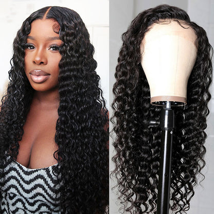 360 Full Lace Glueless Deep Wave Wig Invisi Drawstring Natural Black Pull & Go 180% Density Human Hair