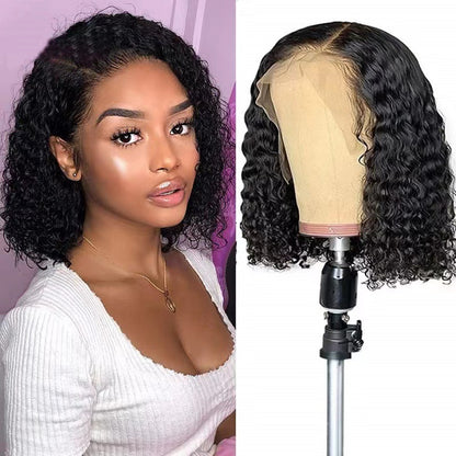 Short Curly Bob 13x4 Lace Front Human Hair Wig Soft Breathable Reusable Nontangled Brazilian Wig Adjustable Size (14 inches)