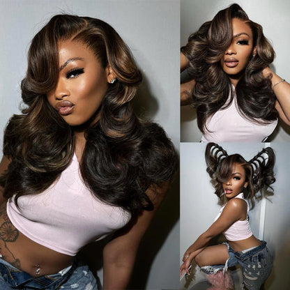 Brown Highlight Peacock Curls 13x4 Full Lace Wig Glueless Pull & Go Pre-Everything Body Wave Loose Wave Wig