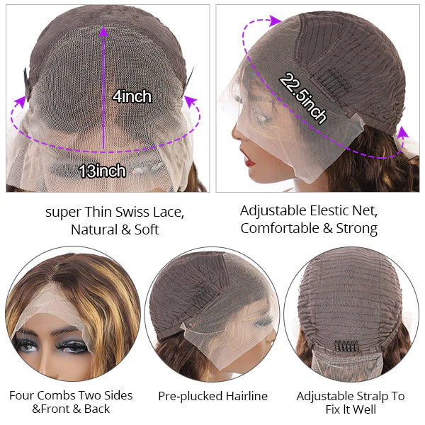 Blonde Highlighted Wig Body Wave Glueless Human Hair Wigs 13x4 HD Lace Front Wigs 180% Density with Pre Plucked