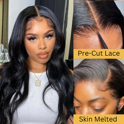 13x4 Body Wave Transparent Lace Front Wigs Human Hair Pre Plucked HD Lace Frontal Glueless Wigs with Baby Hair Natural Black