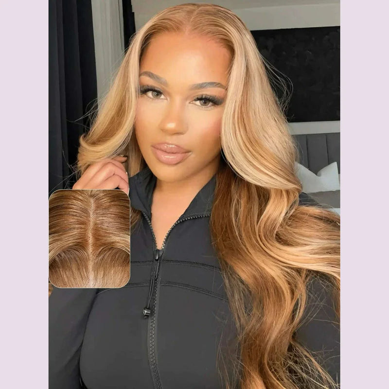 7x5 Bye-Bye Knots Glueless Wig Pre-Cut Lace Honey Blonde Body Wave With Bleached Clean Knots Ombre Highlight Color 150% Density