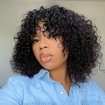 Short Curly Human Hair Minimalist Lace Wear Go Glueless Water Wave Bob Wig with Bangs Natural Black Beginner Friendly