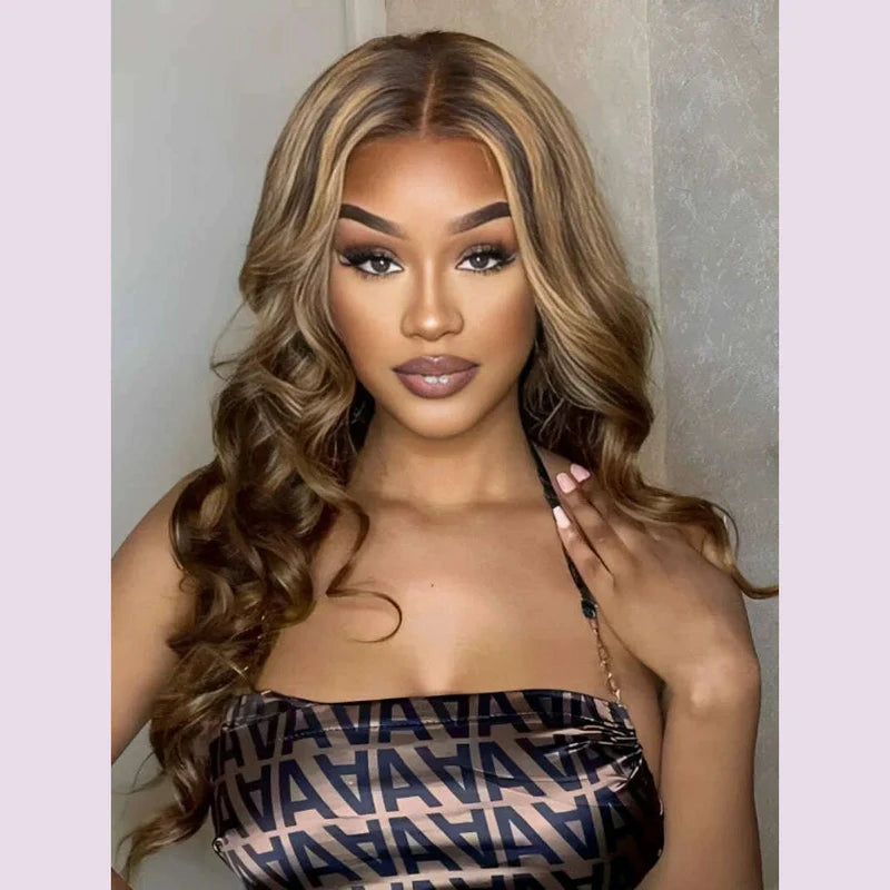 7x5 Bye-Bye Knots Glueless Wig Pre-Cut Lace Honey Blonde Body Wave With Bleached Clean Knots Ombre Highlight Color 150% Density