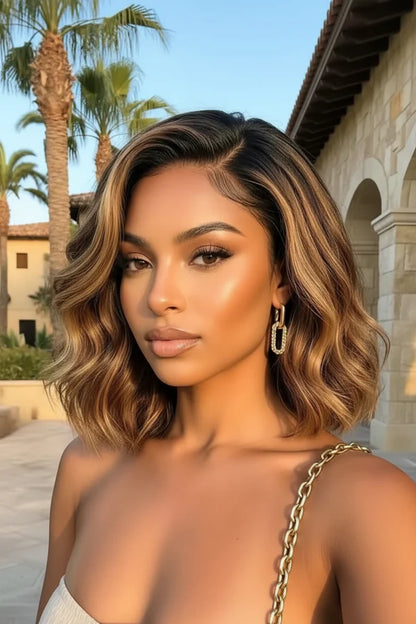7x5 and 13x4 Glueless French Bob Style Human Hair with HD Lace Pre Everything Chocolate Brown Highlight Wig Soft Barrel Curls Wear and Go for Beginners 10Inch