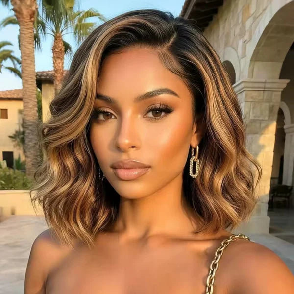 7x5 and 13x4 Glueless French Bob Style Human Hair with HD Lace Pre Everything Chocolate Brown Highlight Wig Soft Barrel Curls Wear and Go for Beginners 10Inch