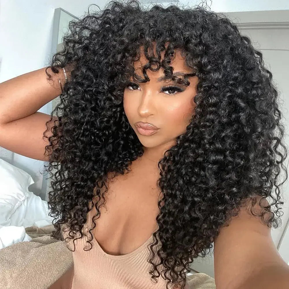 Curly Wave Wig With Bangs Natural Color Human Hair Glueless Wigs Low-Maintenance Wear Go