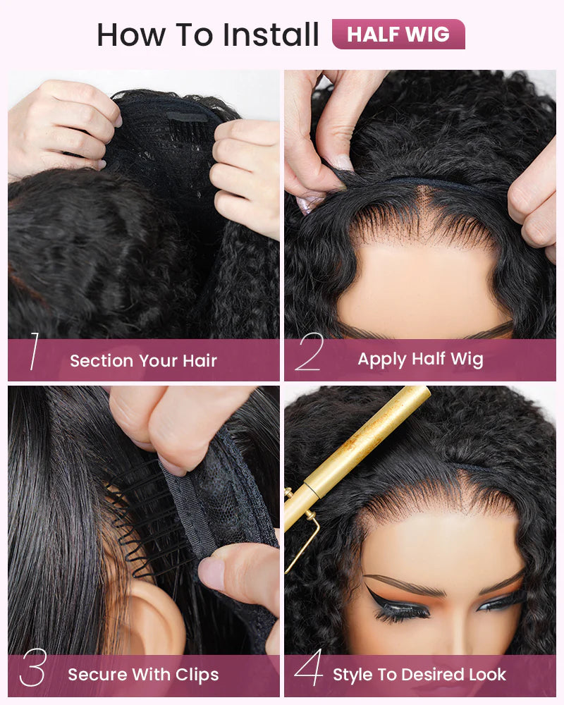 [3 In 1 Half Wig] Burmese Curly Glueless Half Wig With Elastic Drawstring Endless Natural Black Protective Styles