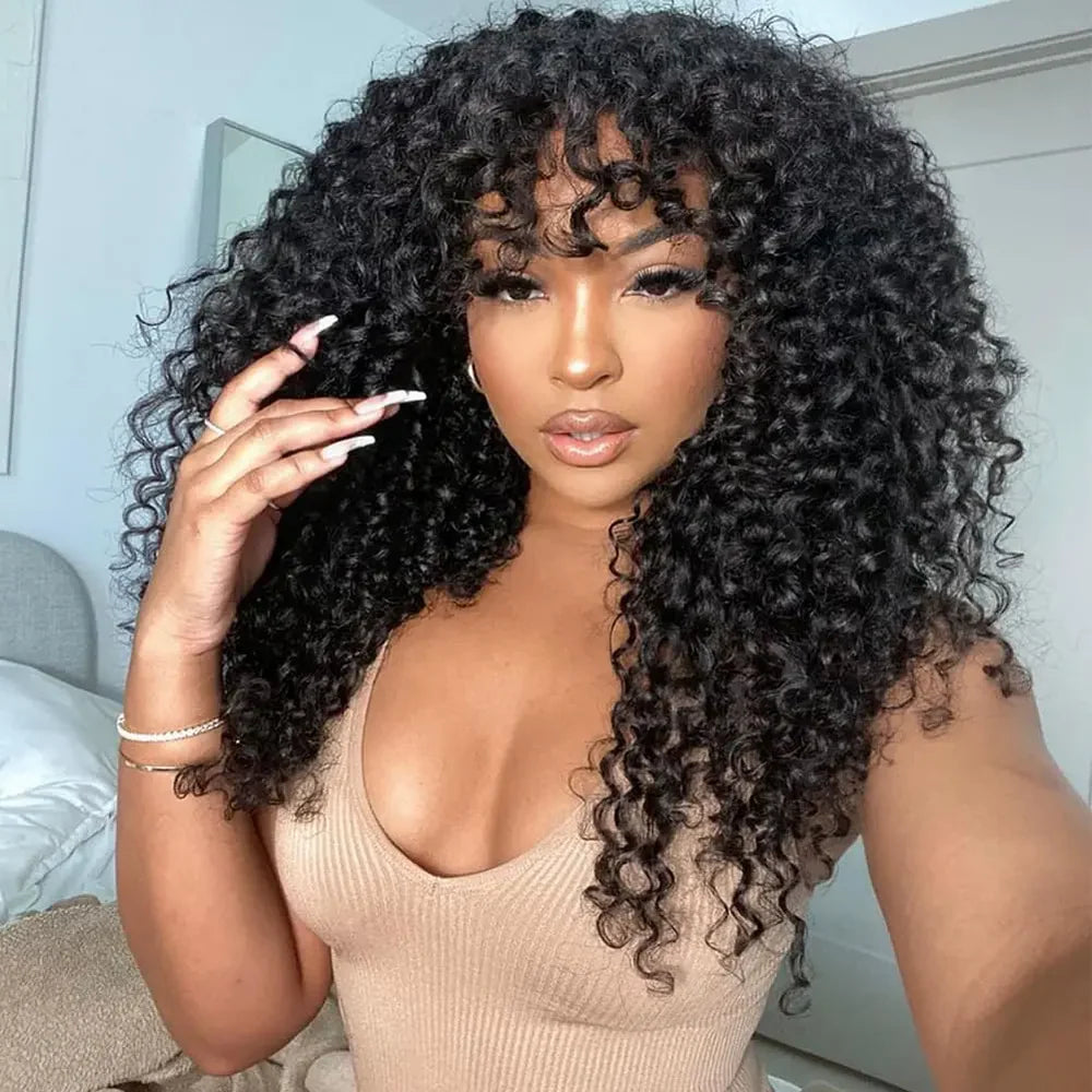 Curly Wave Wig With Bangs Natural Color Human Hair Glueless Wigs Low-Maintenance Wear Go