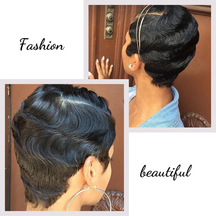 Modern Show Short Mommy Curly Hair Wig Finger Wave Human Hair Wear Go Wigs Guleless Remi Pixie Cut Wig Pre Plucked 150% Density On Sale